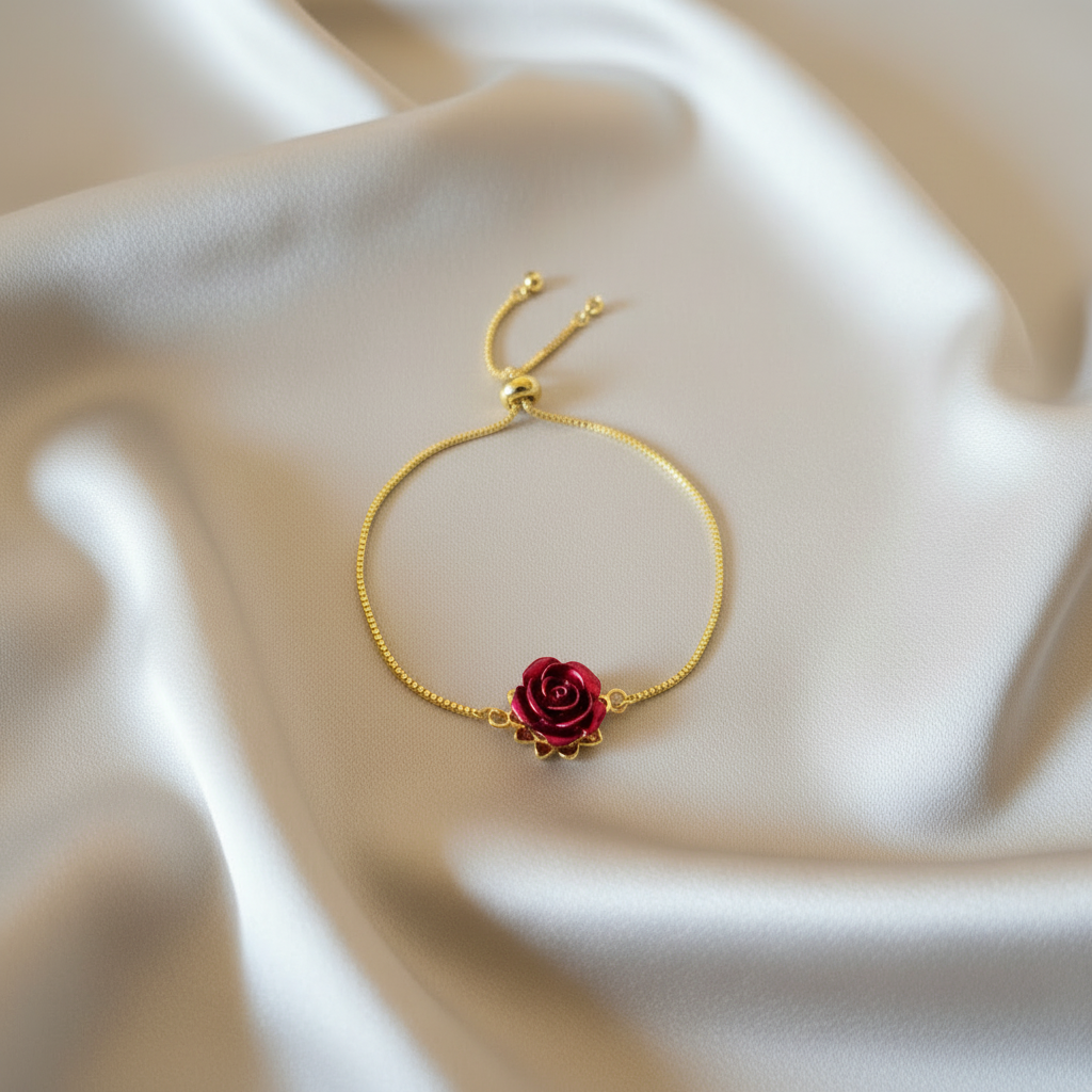 DIVINE BLOOM 14K Gold Red Rose Whimsical Charm Bracelet