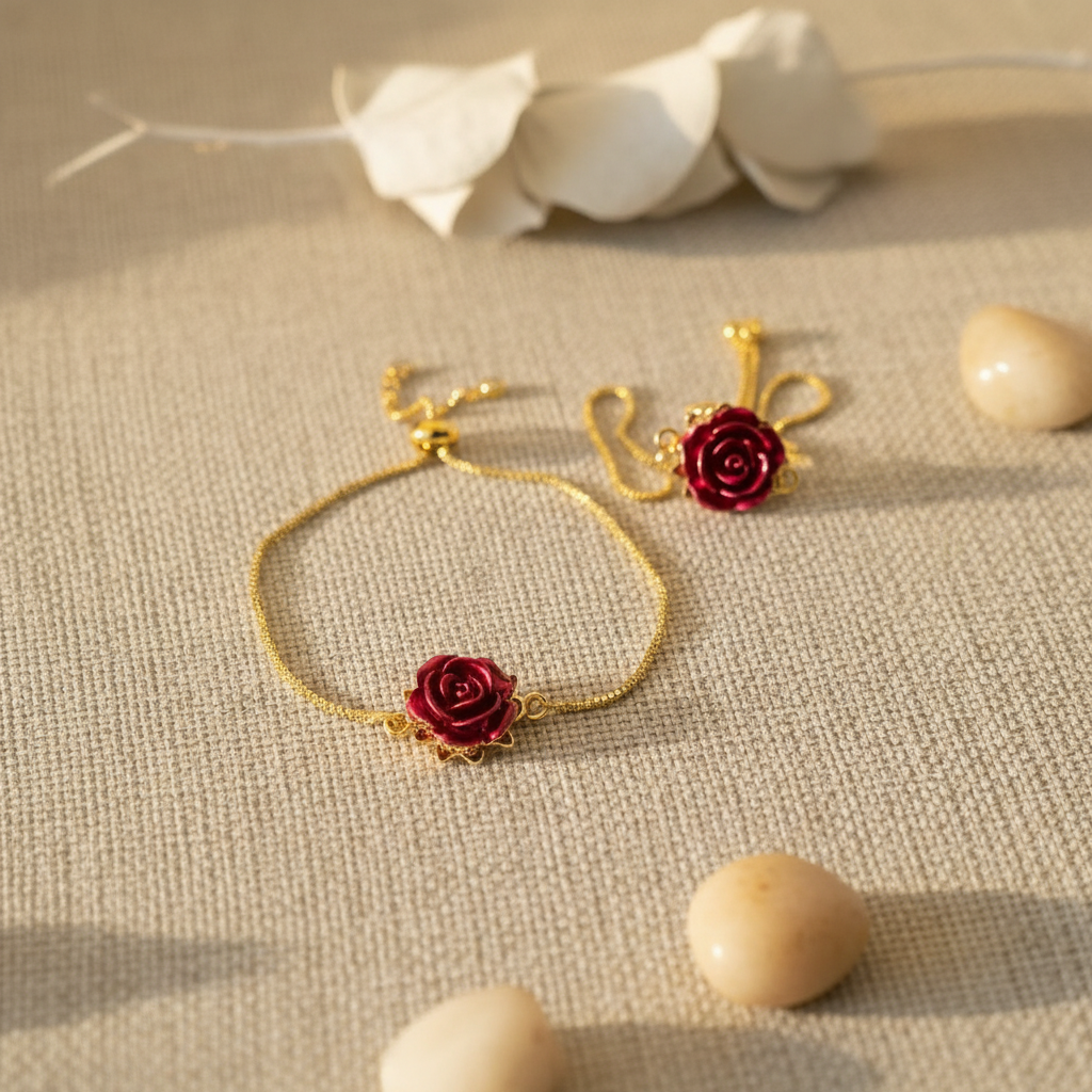 DIVINE BLOOM 14K Gold Red Rose Whimsical Charm Bracelet