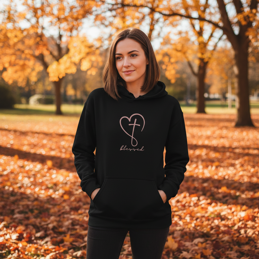 Faith Heart Hoodie | Minimal Cross &quot;Blessed&quot; Pullover
