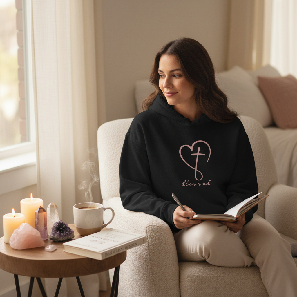 Woman sitting in a cozy room with candles and a book, wearing a black hoodie with a heart and cross design.