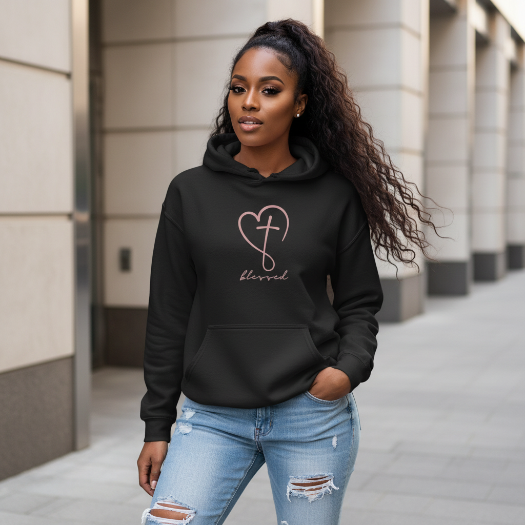 Faith Heart Hoodie | Minimal Cross "Blessed" Pullover