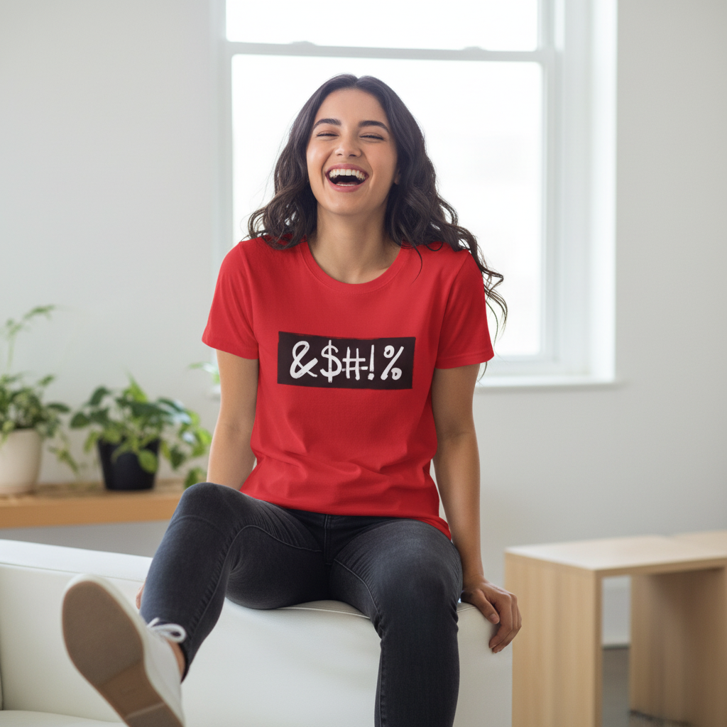 Woman wearing a red t-shirt with a black graphic design, sitting on a white couch in a bright room.