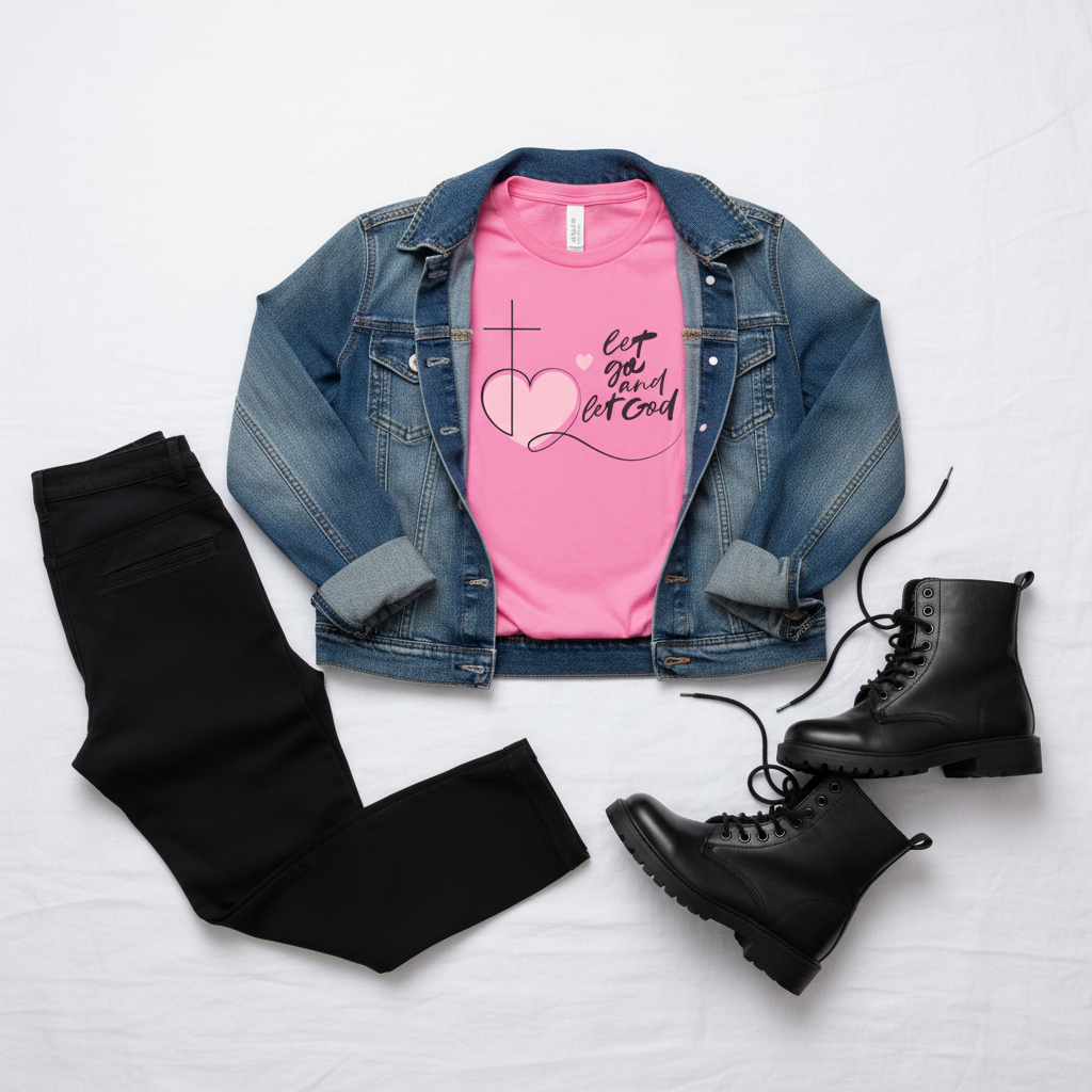 Let Go and Let God Christian T-Shirt | Faith-Based Graphic Tee with Cross &amp; Heart