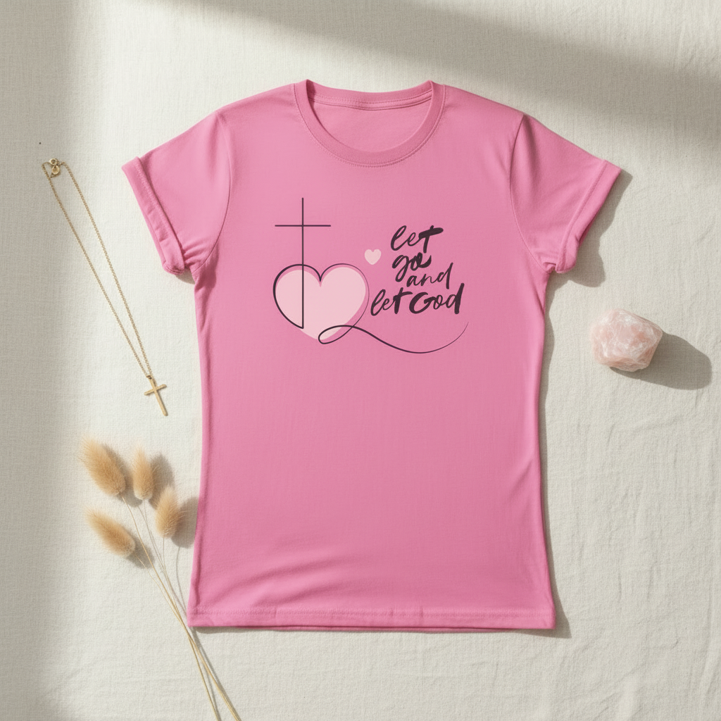 Pink t-shirt with a heart and cross design on a light background