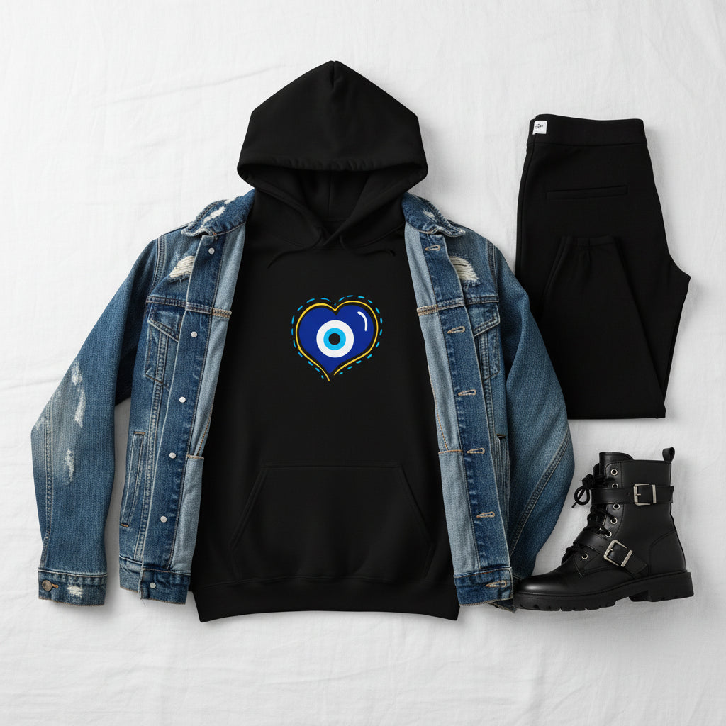 Black hoodie with a blue heart-shaped evil eye design on a white background