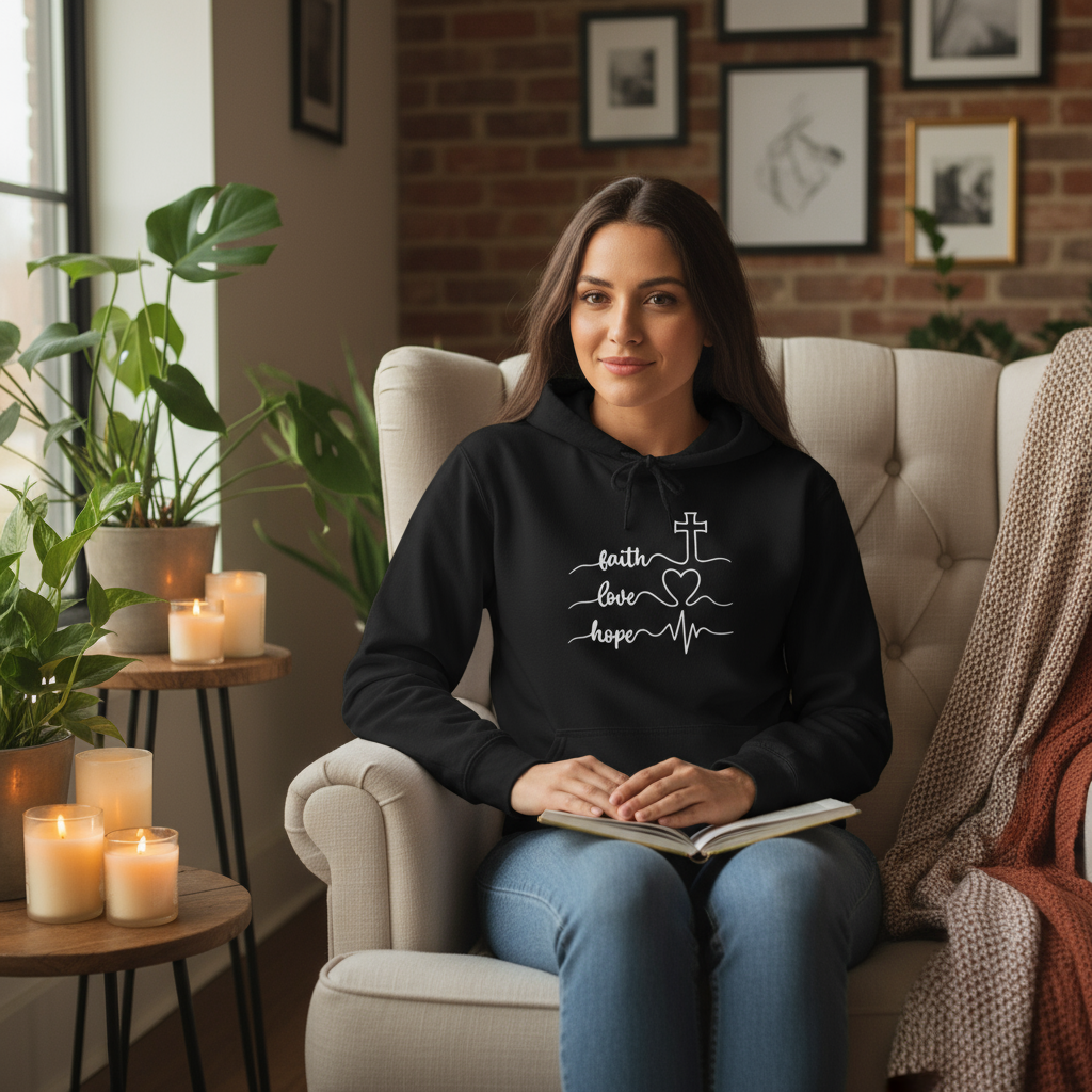 Faith Love Hope Hoodie | Christian Cross Heartbeat Sweatshirt