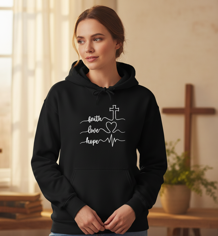 Faith Love Hope Hoodie | Christian Cross Heartbeat Sweatshirt