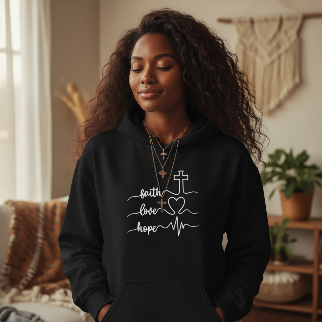 Faith Love Hope Hoodie | Christian Cross Heartbeat Sweatshirt
