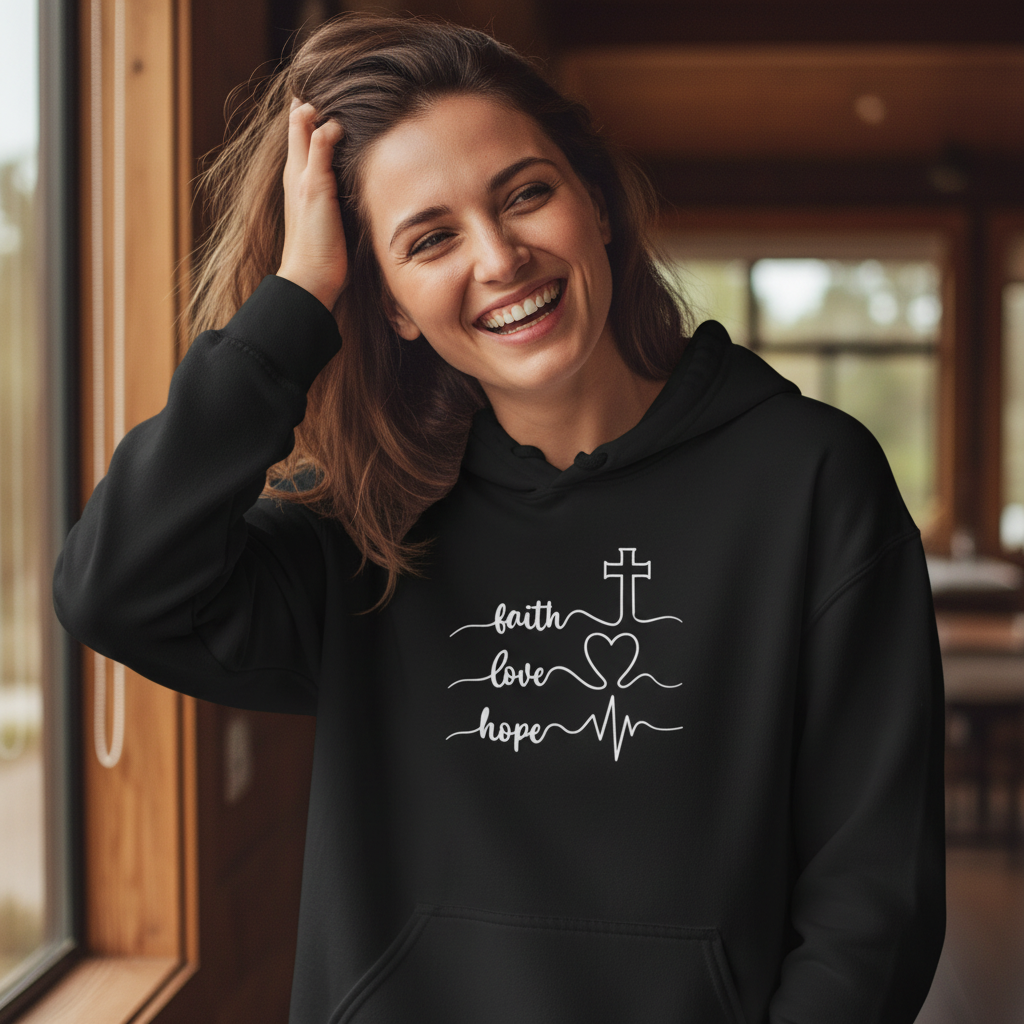 Faith Love Hope Hoodie | Christian Cross Heartbeat Sweatshirt