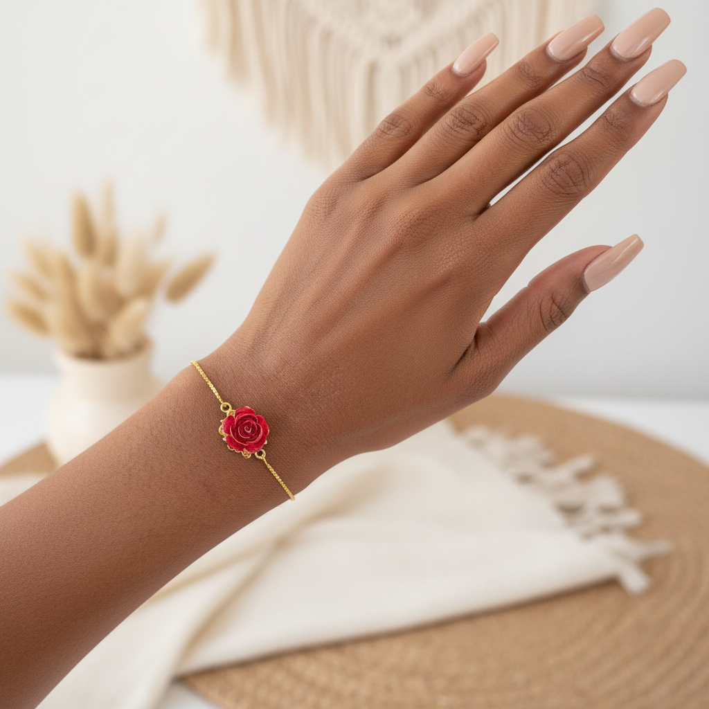DIVINE BLOOM 14K Gold Red Rose Whimsical Charm Bracelet