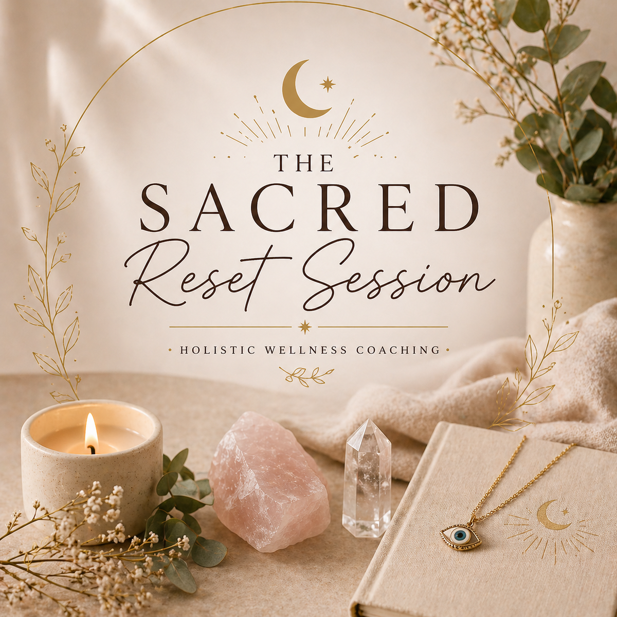 Promotional image for 'The Sacred Reset Session' with candles, crystals, and jewelry on a neutral background.