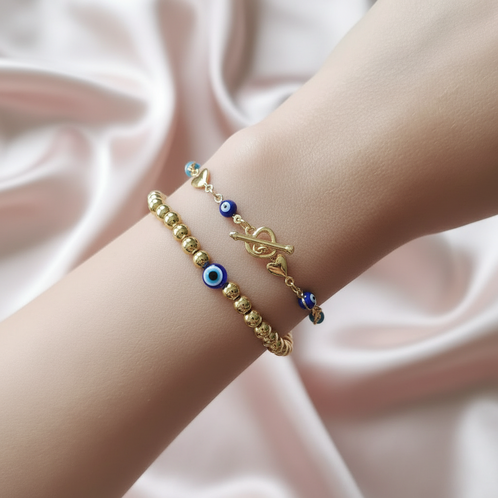 Evil Eye | 14k Gold Heart Rainbow Toggle Bracelet