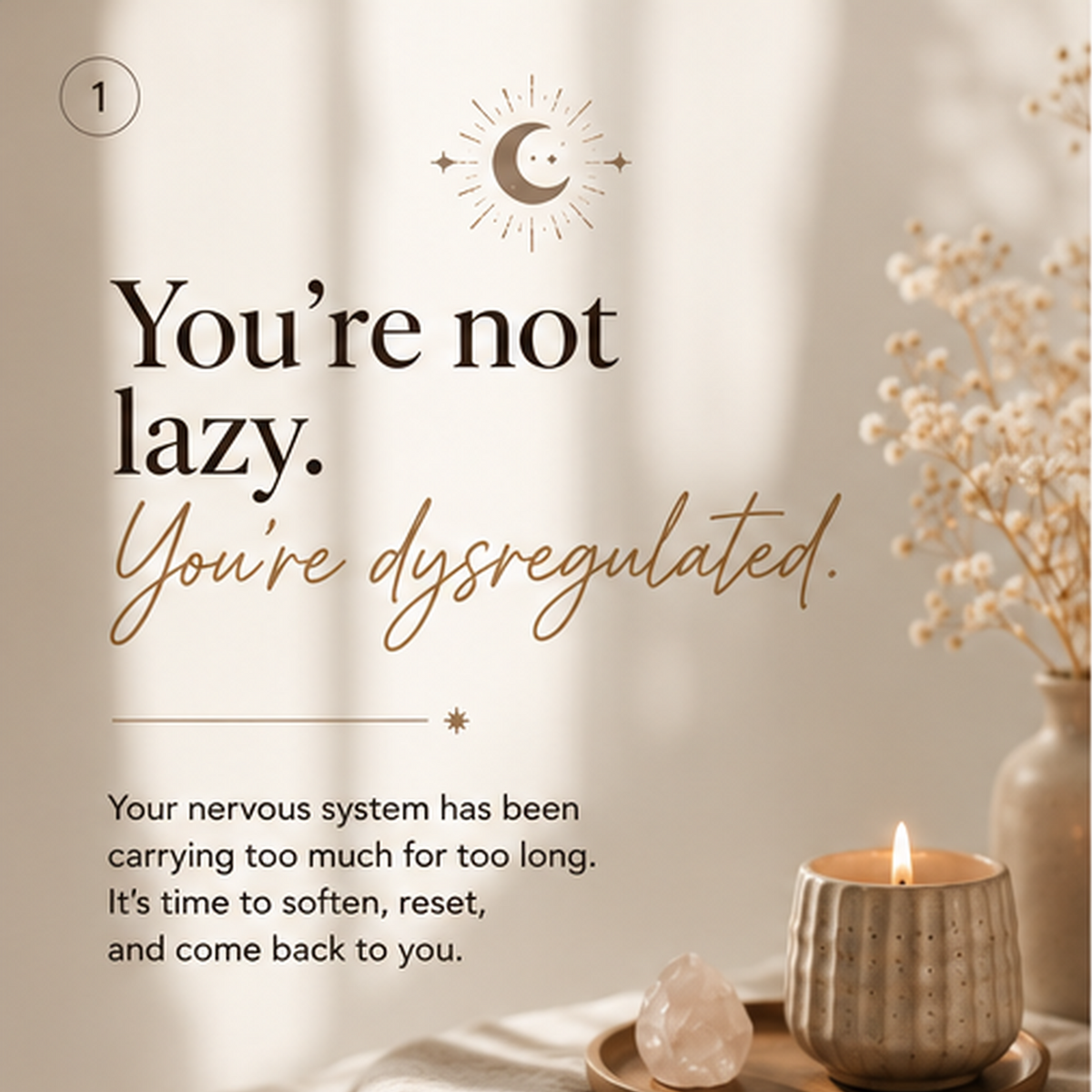 Candlelit scene with text about nervous system regulation on a neutral background