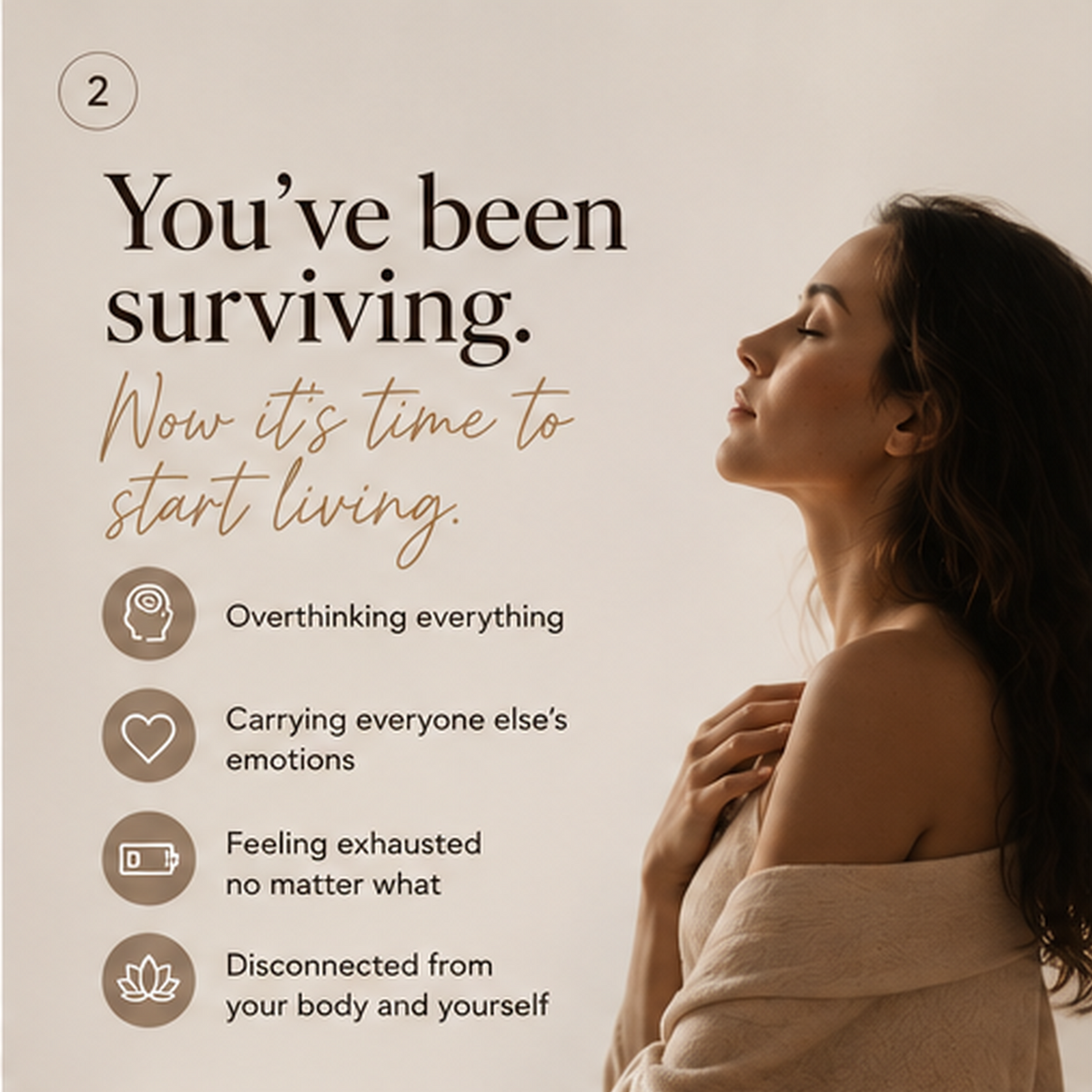 Woman with closed eyes and a text overlay about self-care and personal growth.