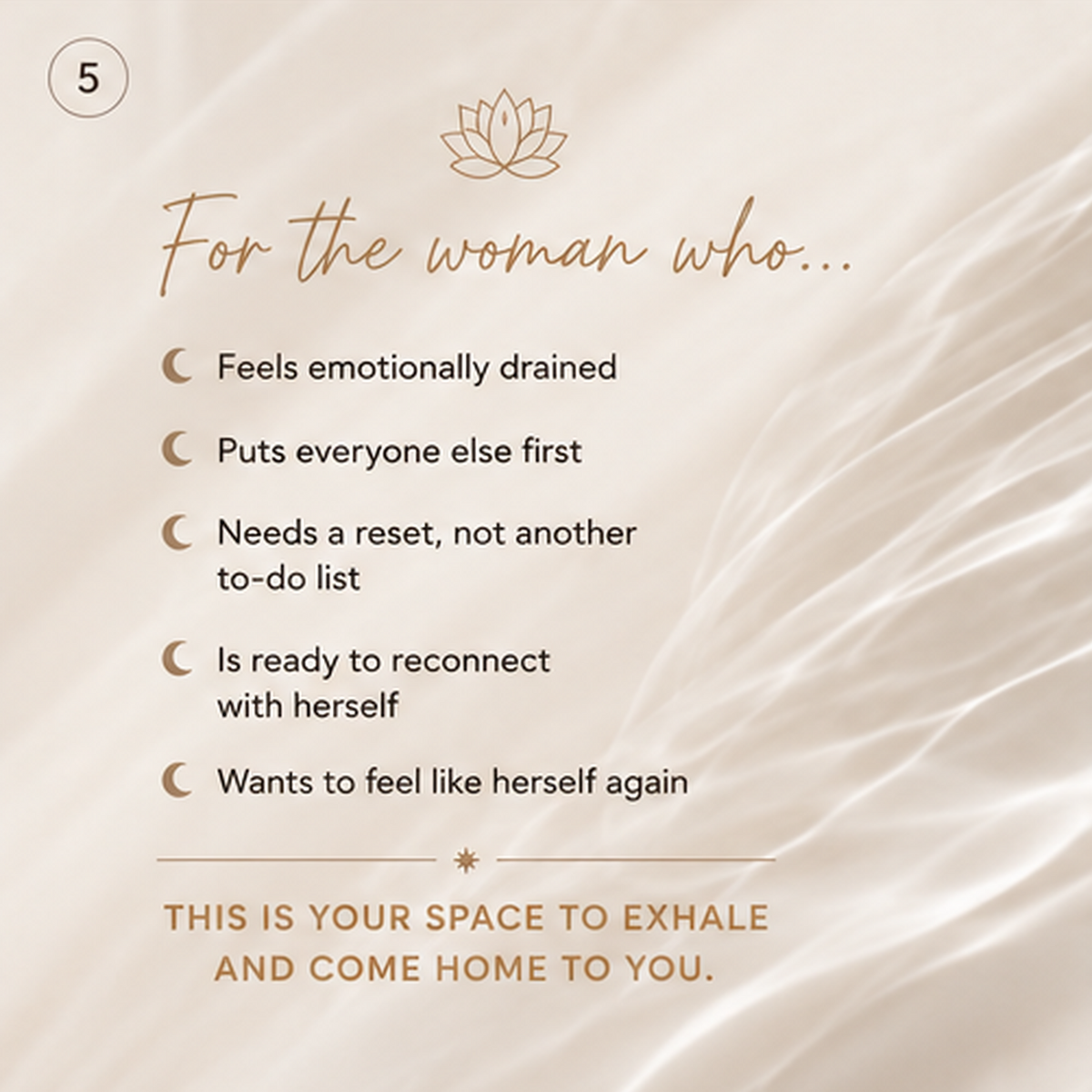 Textual content for women feeling emotionally drained, prioritizing others, needing a reset, and ready to reconnect with themselves on a beige background.