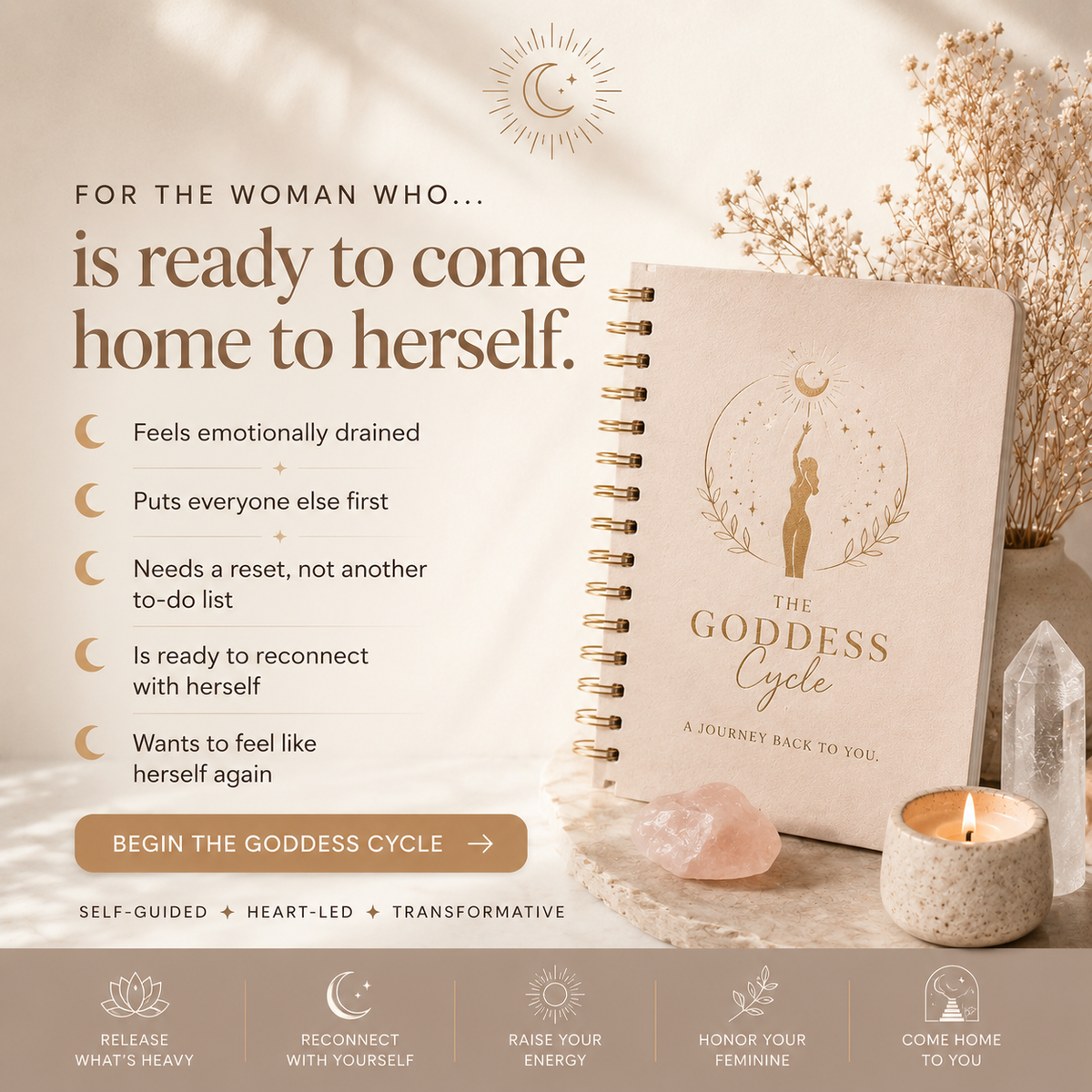 Product advertisement for 'The Goddess Cycle' journal with decorative elements on a neutral background.