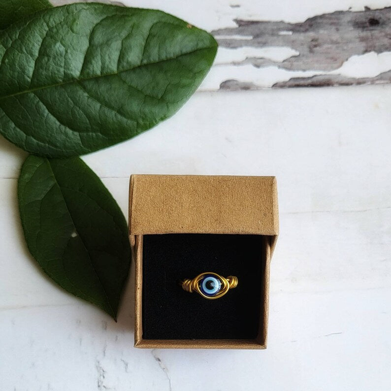 EVIL EYE | Minimalist 18K Gold Plated Wire Wrapped Ring | Evil Eye Protection, Luck, and Blessings