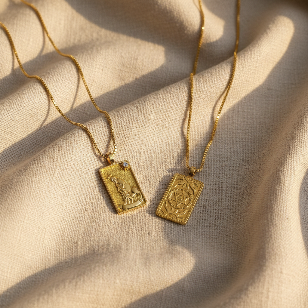 THE STRENGTH 14k Gold Tarot Deck Card Necklace