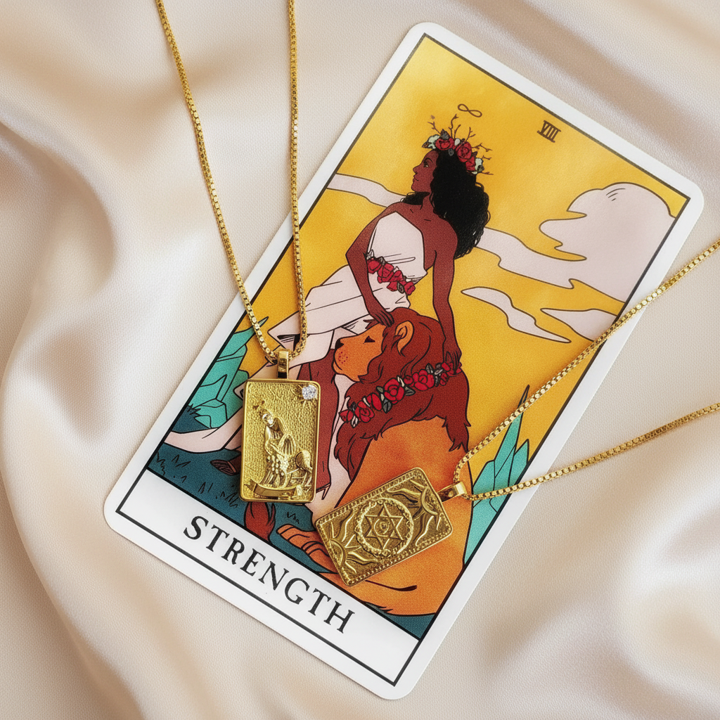 THE STRENGTH 14k Gold Tarot Deck Card Necklace