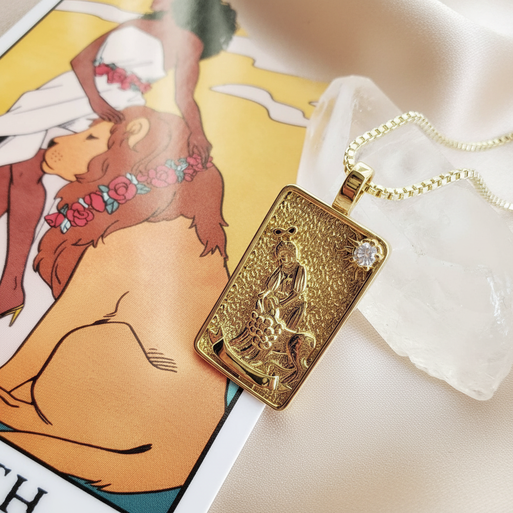THE STRENGTH 14k Gold Tarot Deck Card Necklace