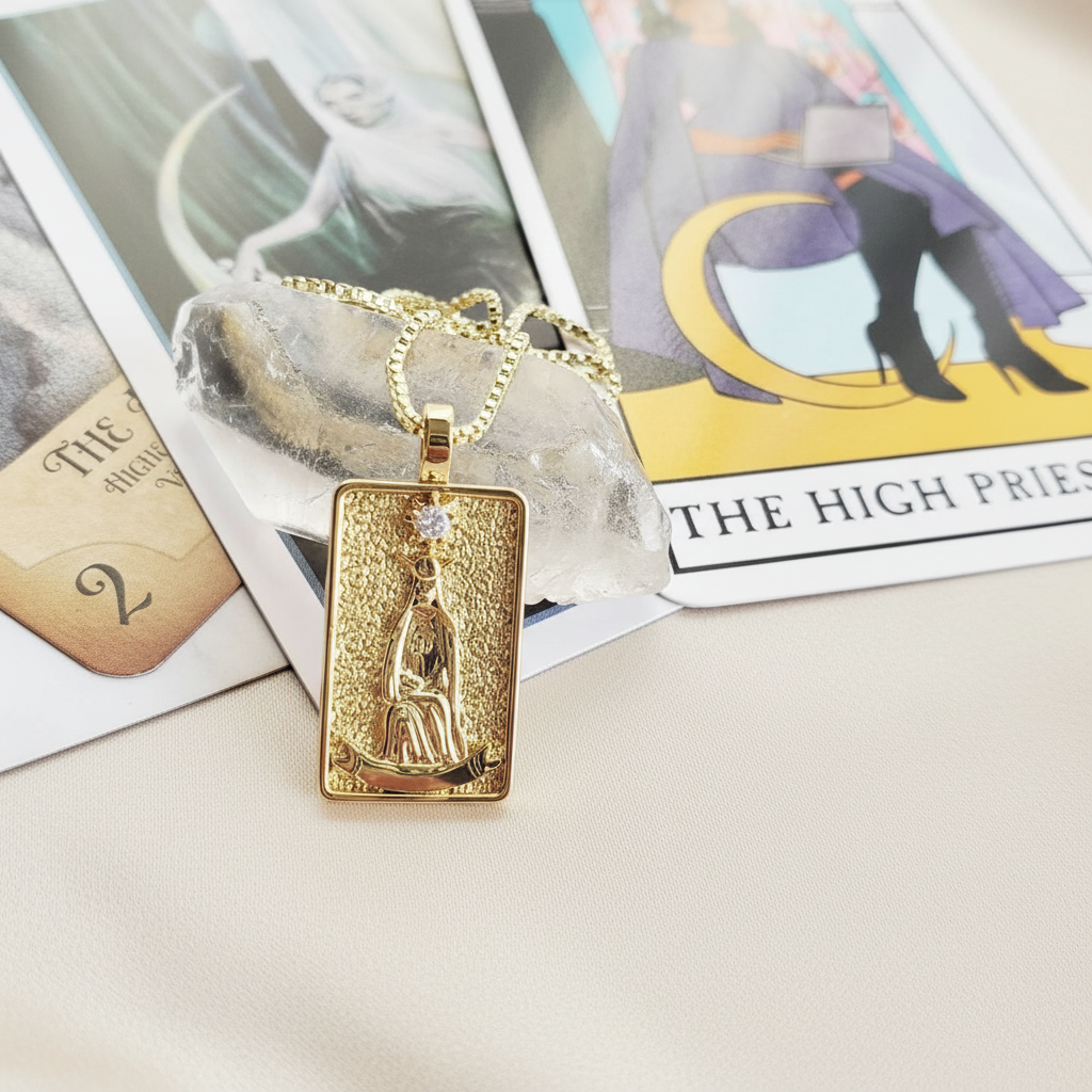 THE HIGH PRIESTESS 14k Gold Tarot Deck Card Necklace