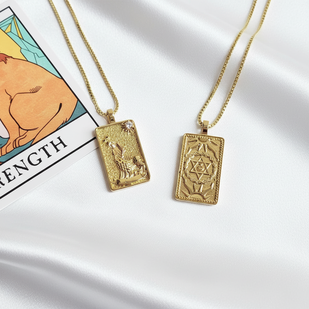 THE STRENGTH 14k Gold Tarot Deck Card Necklace