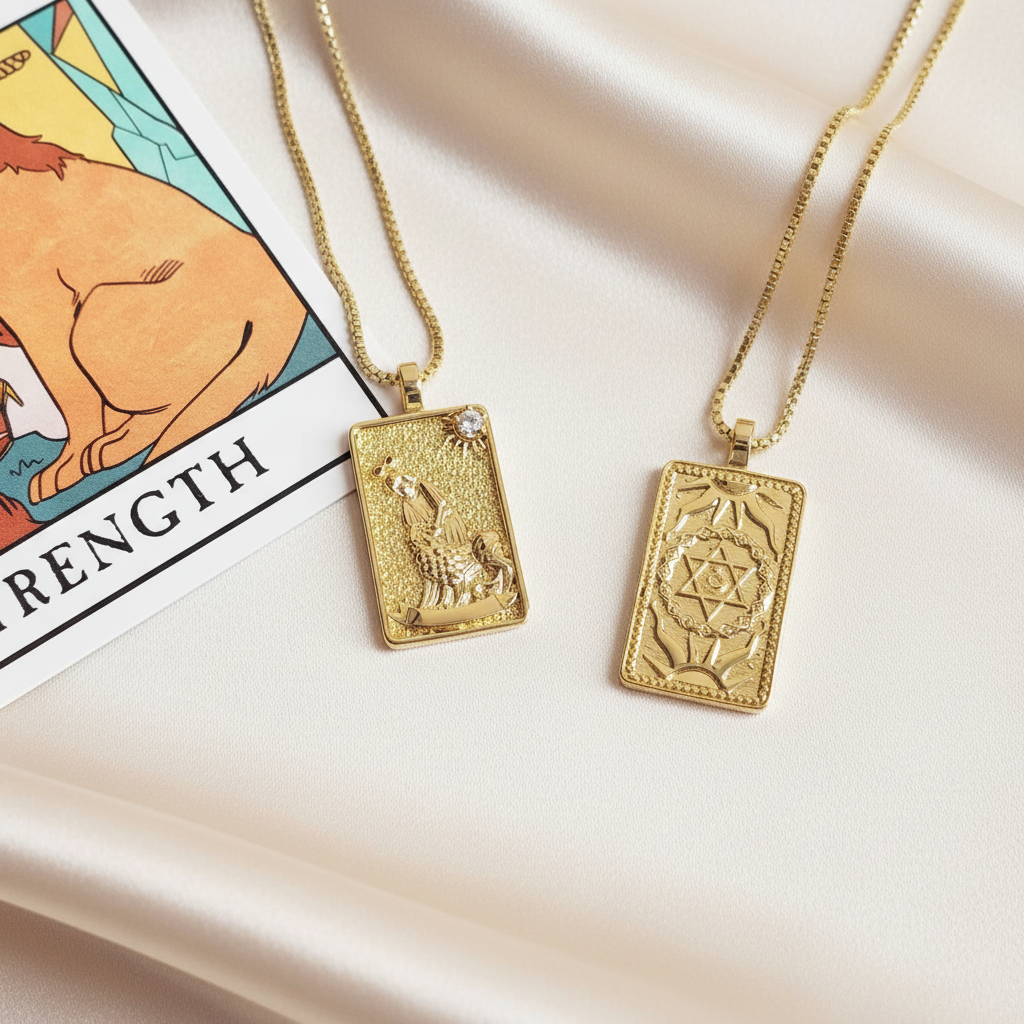 THE STRENGTH 14k Gold Tarot Deck Card Necklace
