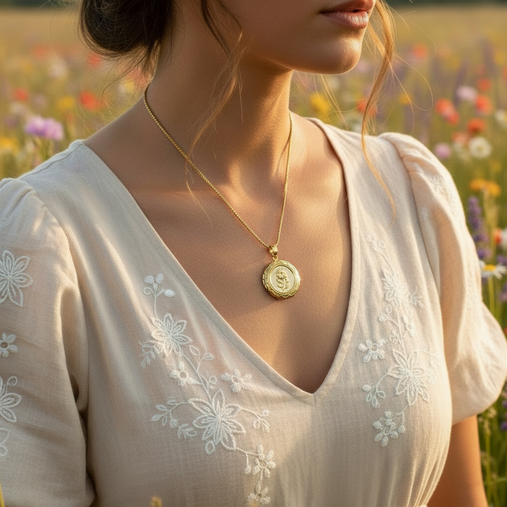 NOSTALGIA | 14K Gold Locket Floral Coin Necklace| Spiritual Jewelry for Women | Keepsake of Love, Intention &amp; Faith