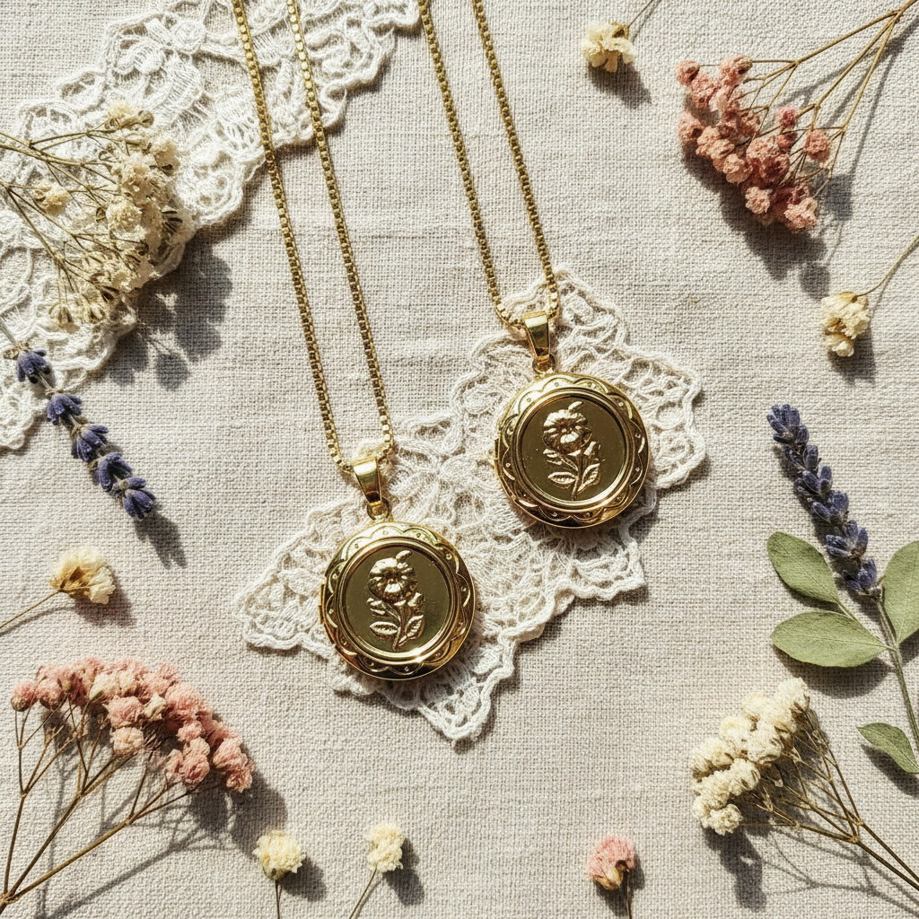 NOSTALGIA | 14K Gold Locket Floral Coin Necklace| Spiritual Jewelry for Women | Keepsake of Love, Intention &amp; Faith