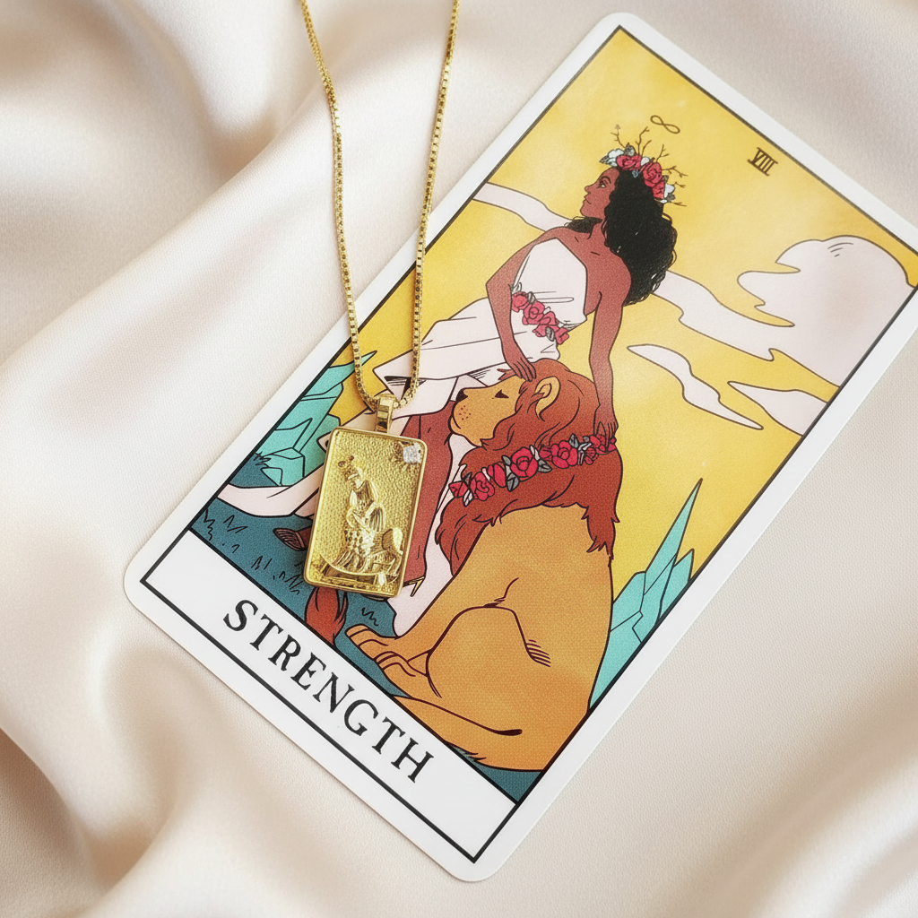 THE STRENGTH 14k Gold Tarot Deck Card Necklace