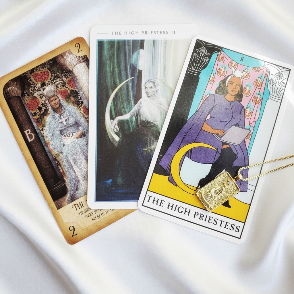 THE HIGH PRIESTESS 14k Gold Tarot Deck Card Necklace