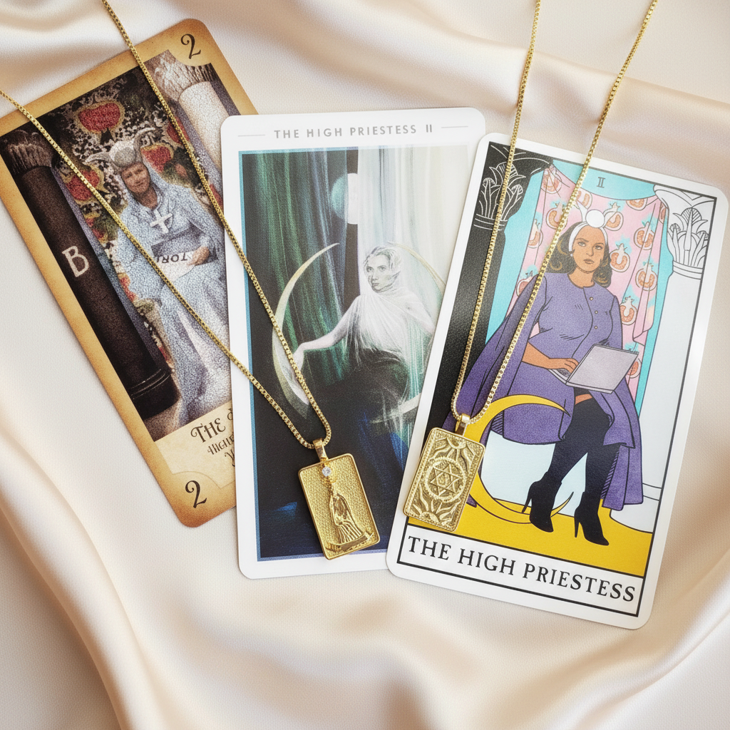 THE HIGH PRIESTESS 14k Gold Tarot Deck Card Necklace