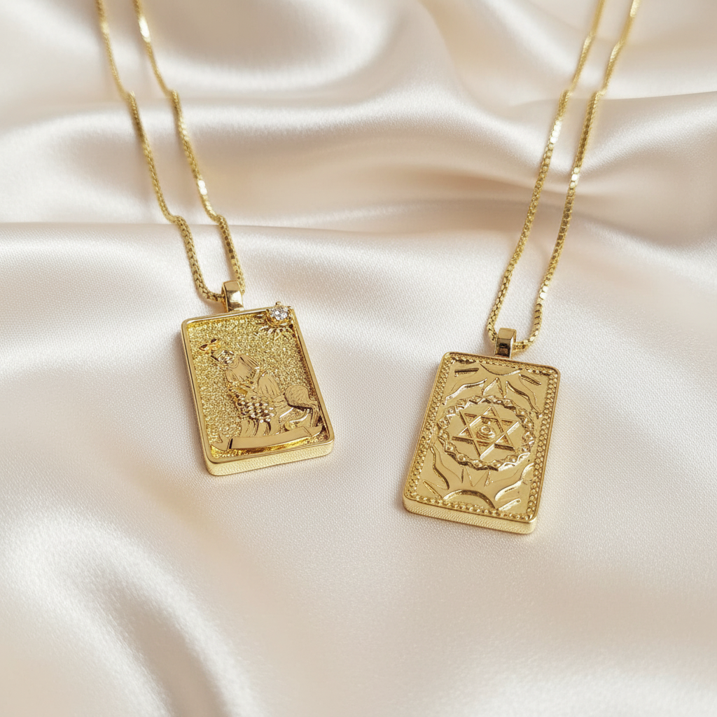 THE STRENGTH 14k Gold Tarot Deck Card Necklace