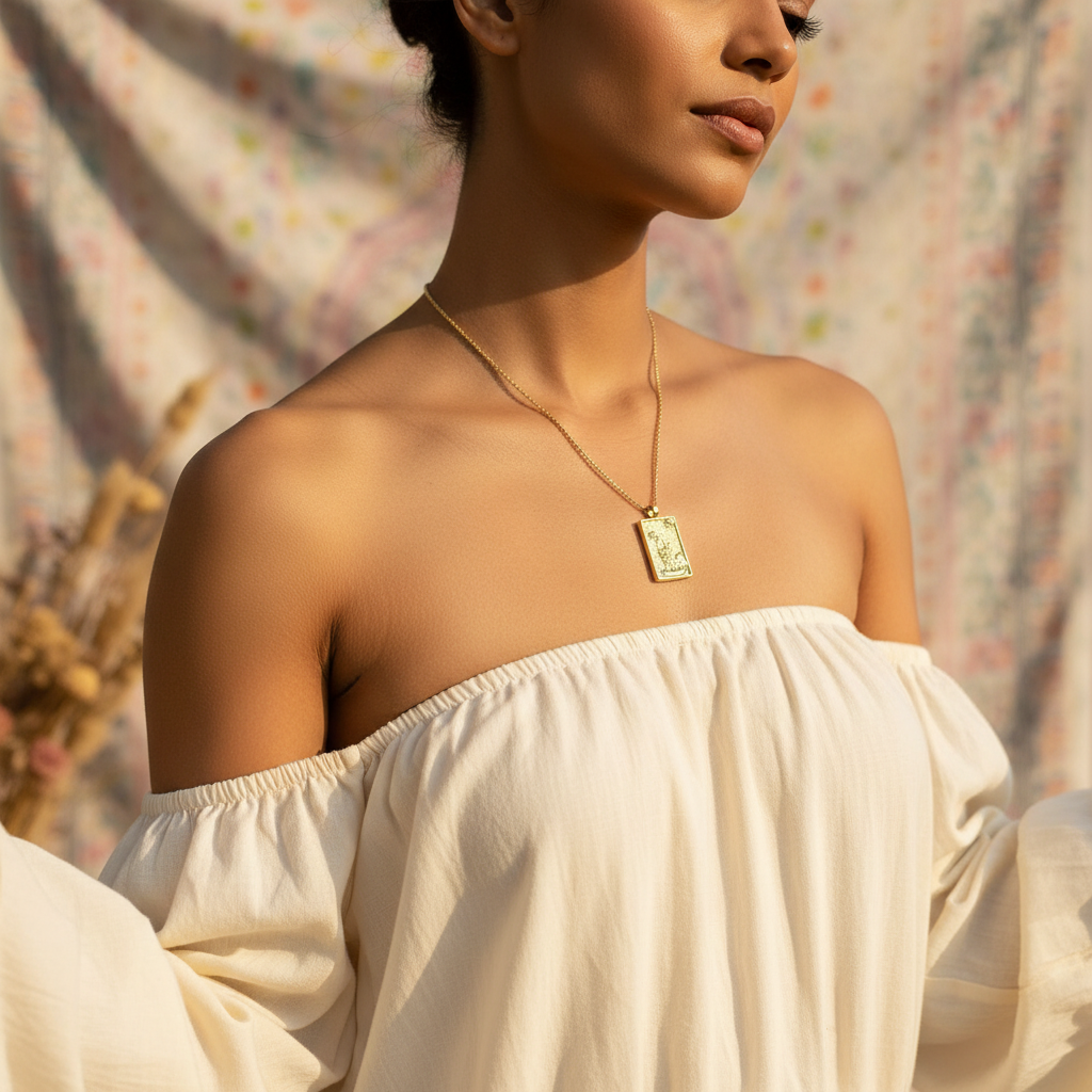 THE STRENGTH 14k Gold Tarot Deck Card Necklace