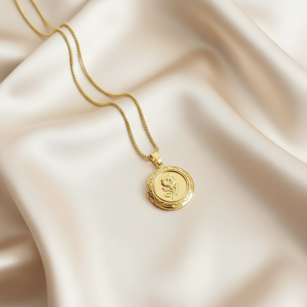 NOSTALGIA | 14K Gold Locket Floral Coin Necklace| Spiritual Jewelry for Women | Keepsake of Love, Intention &amp; Faith