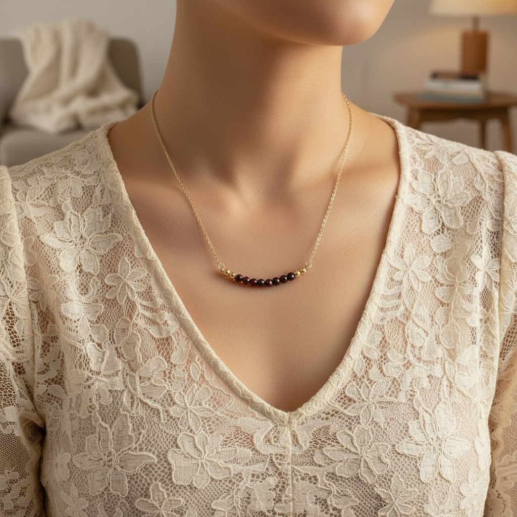 GARNET | 14K Yellow Gold Garnet Crystal Bar Necklace | Red Gemstone Jewelry | Christmas Necklaces | Delicate, Minimalist Necklace