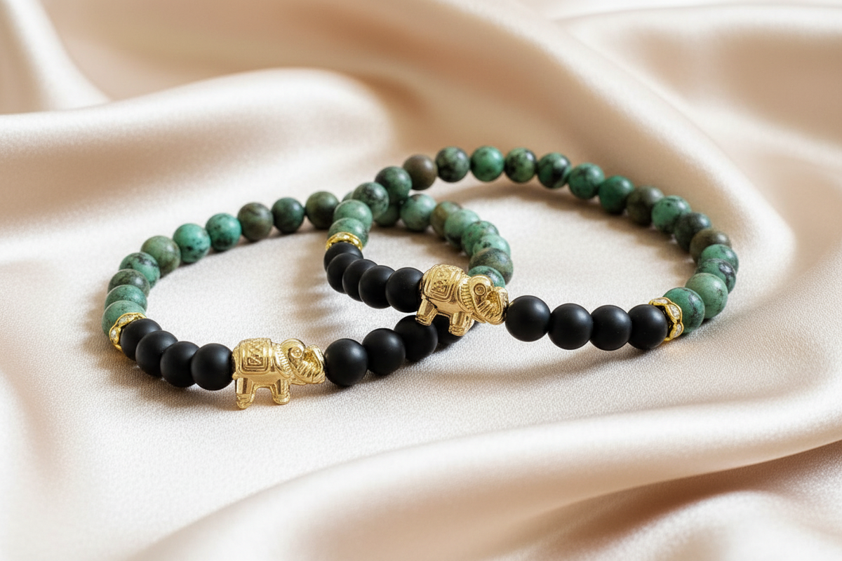 GANESH | Onyx &amp; African Turquoise Elephant Bracelet
