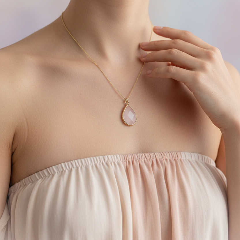 ROSE QUARTZ | 14K Gold Drop Crystal Pendant Necklace