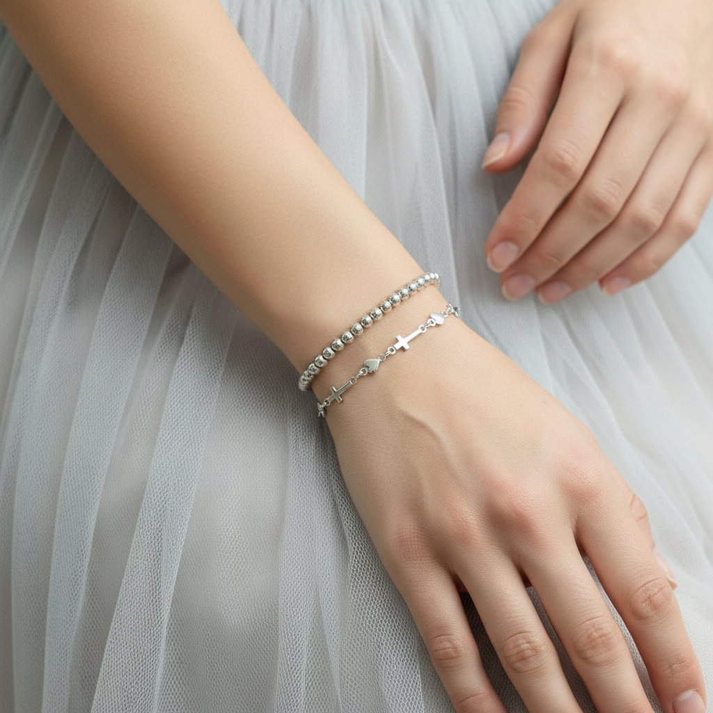 UNSHAKEABLE FAITH 925-Sterling Silver Cross &amp; Beaded Bracelet Set