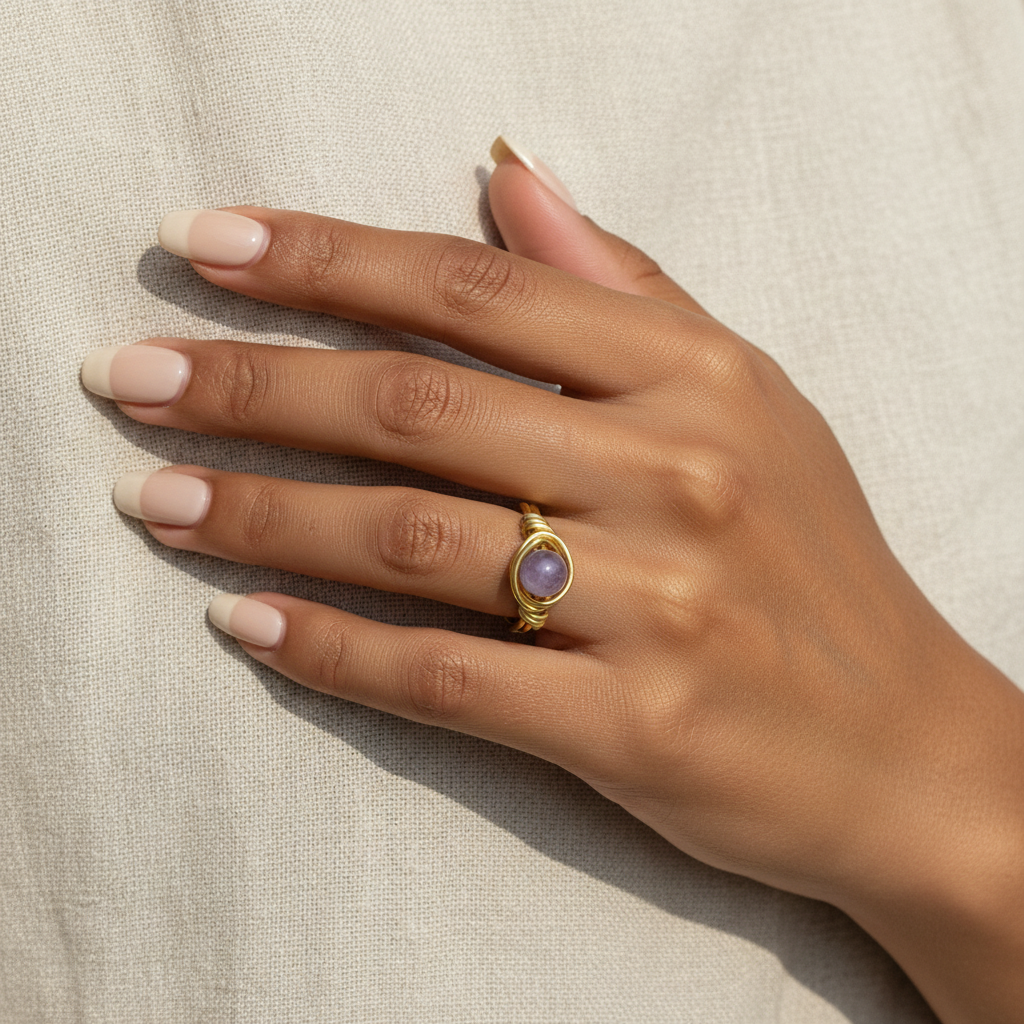 Hand wearing a gold ring with a angelite 
gemstone on a beige background