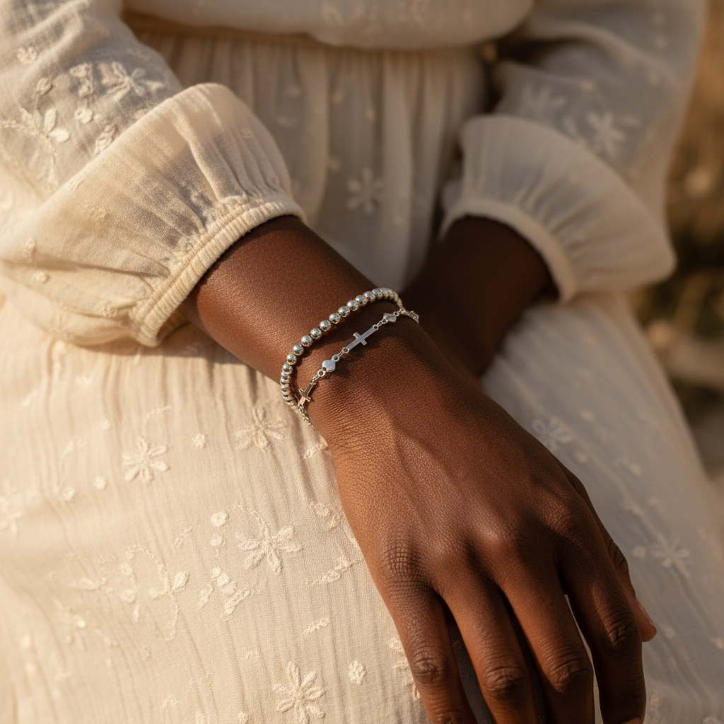 UNSHAKEABLE FAITH 925-Sterling Silver Cross &amp; Beaded Bracelet Set