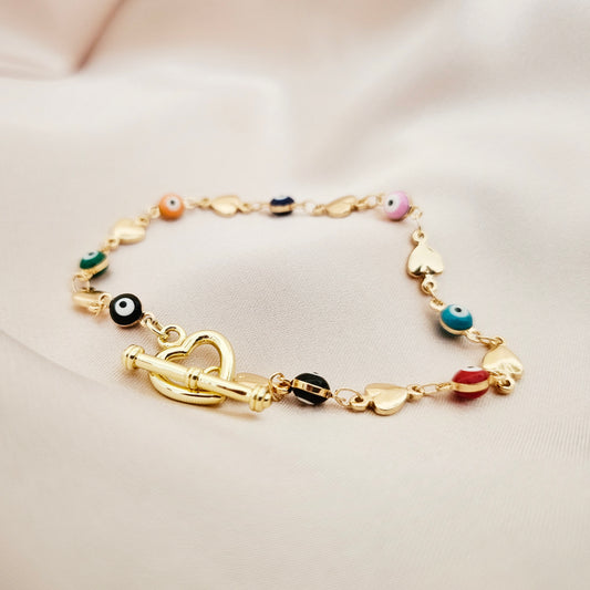 Evil Eye | 14k Gold Heart Toggle Bracelet
