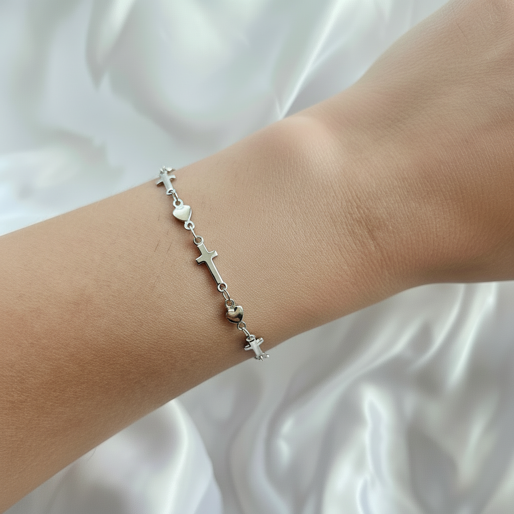 ETERNAL 925-Sterling Silver Cross &amp; Heart Bracelet | Faith Jewelry for Women