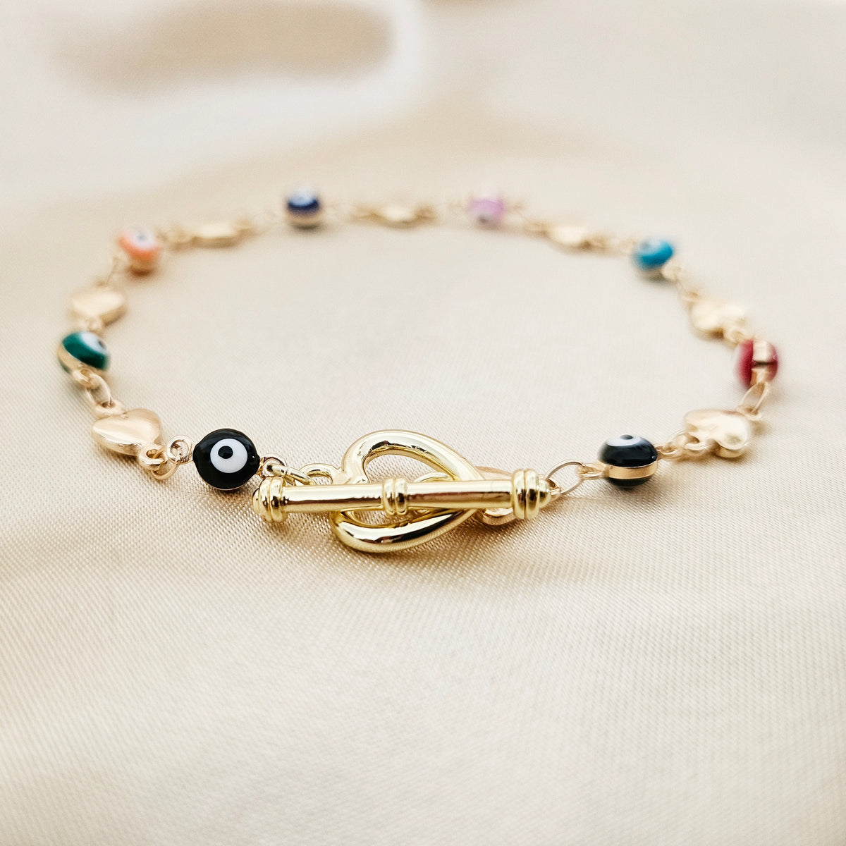 Evil Eye | 14k Gold Heart Rainbow Toggle Bracelet