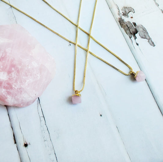 ROSE QUARTZ | 14K Gold Box Chain Pendant Necklace for Universal Love, Trust, Harmony | Delicate Intention Necklace | Crystal Reiki Healing