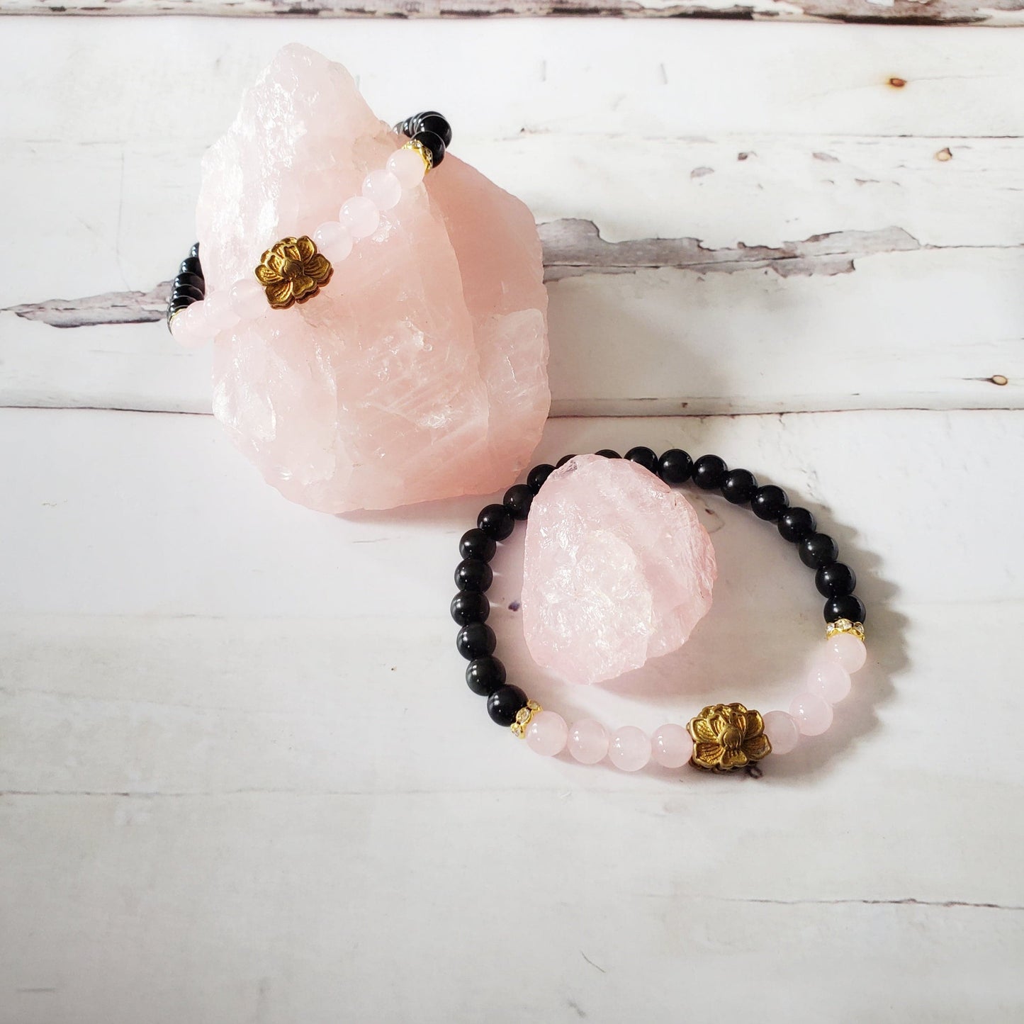 PURITY | Rose Quartz & Obsidian Bracelet for Love, Enlightenment, and Protection | Lotus Flower Bracelet | Delicate Feminine  Spiritual Gift