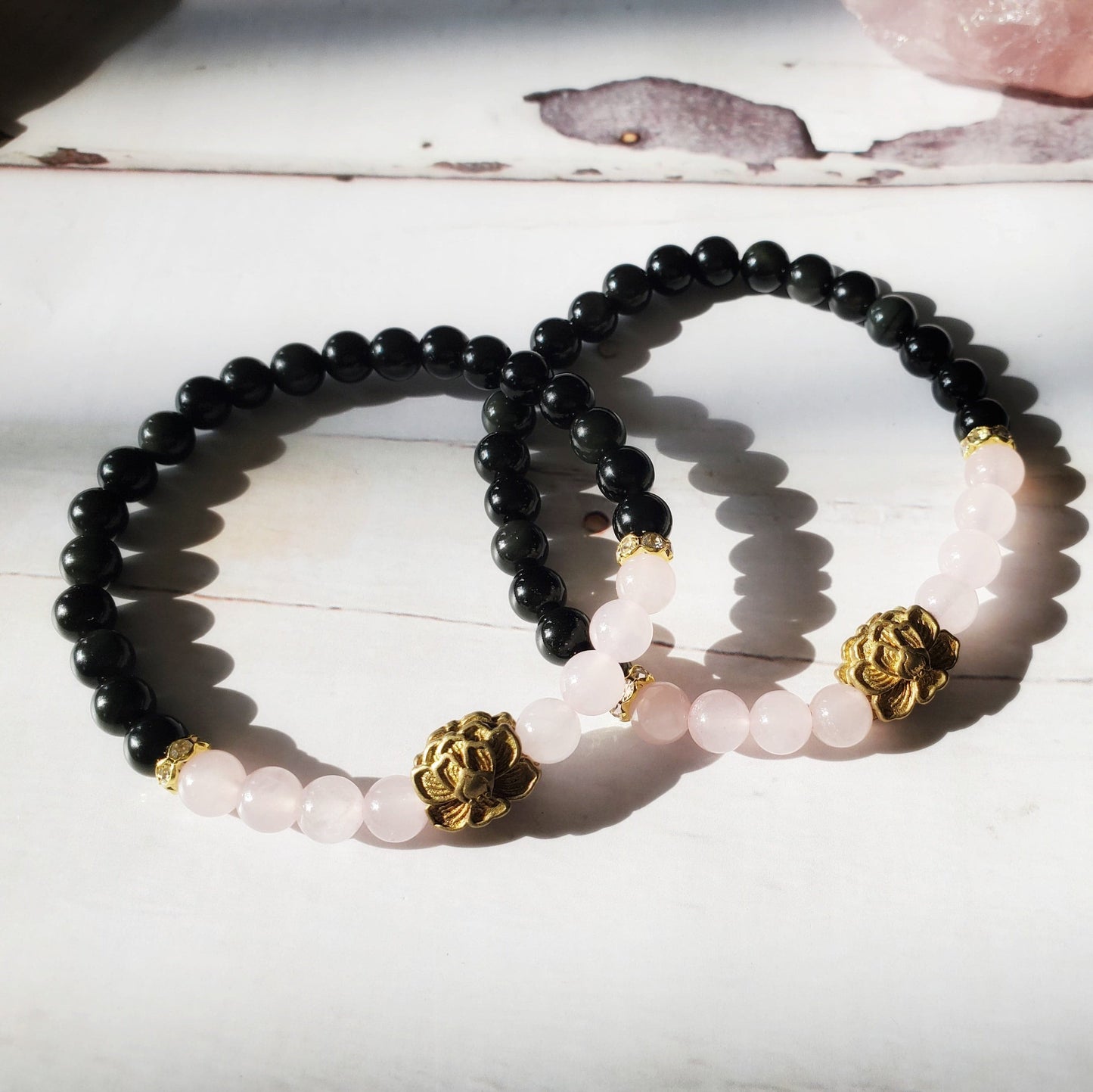 PURITY | Rose Quartz & Obsidian Bracelet for Love, Enlightenment, and Protection | Lotus Flower Bracelet | Delicate Feminine  Spiritual Gift