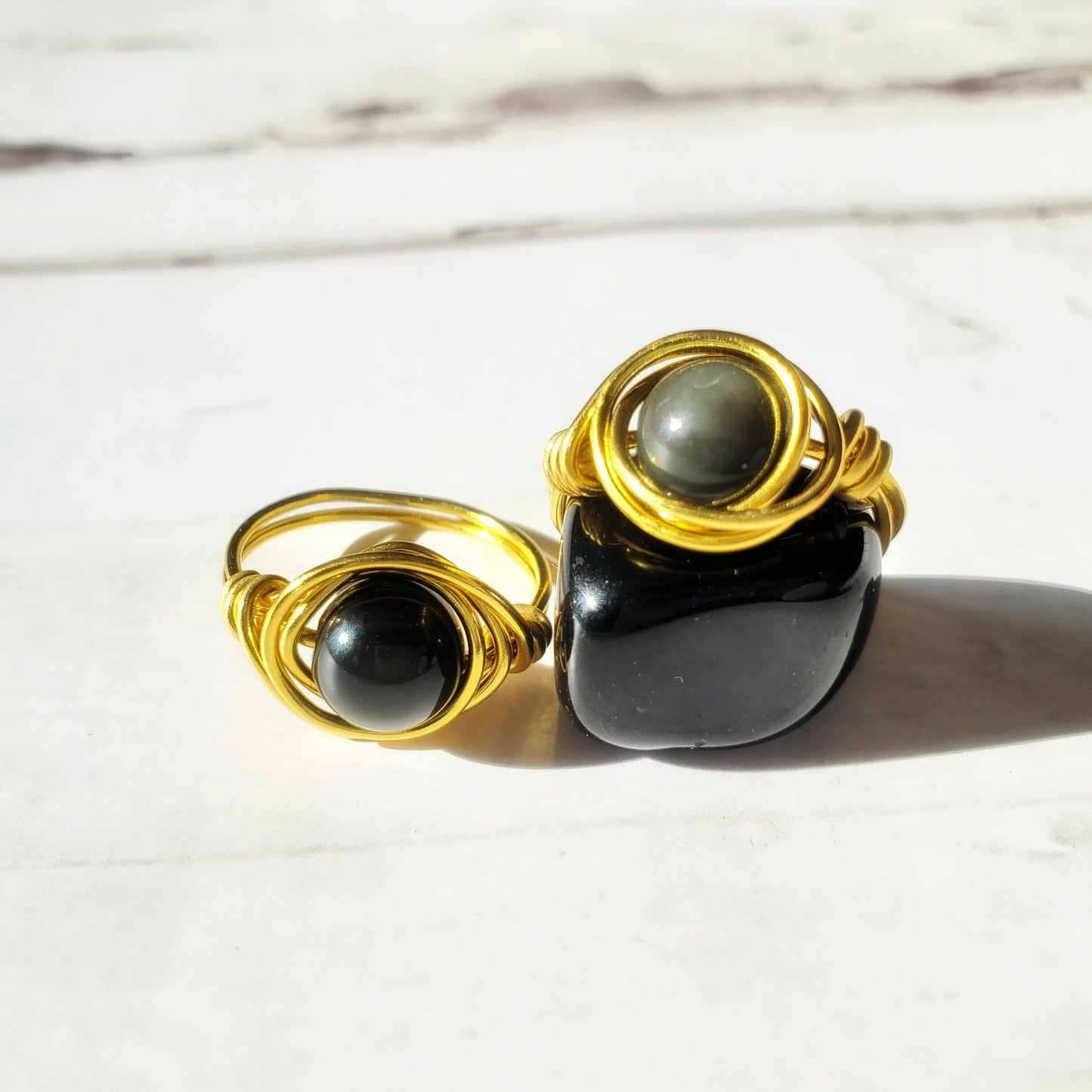 OBSIDIAN | Minimalist 18K Gold Plated Wire Wrapped Ring | Crystal for Grounding, Protection, Healing | Empath Protection Ring | Root Chakra