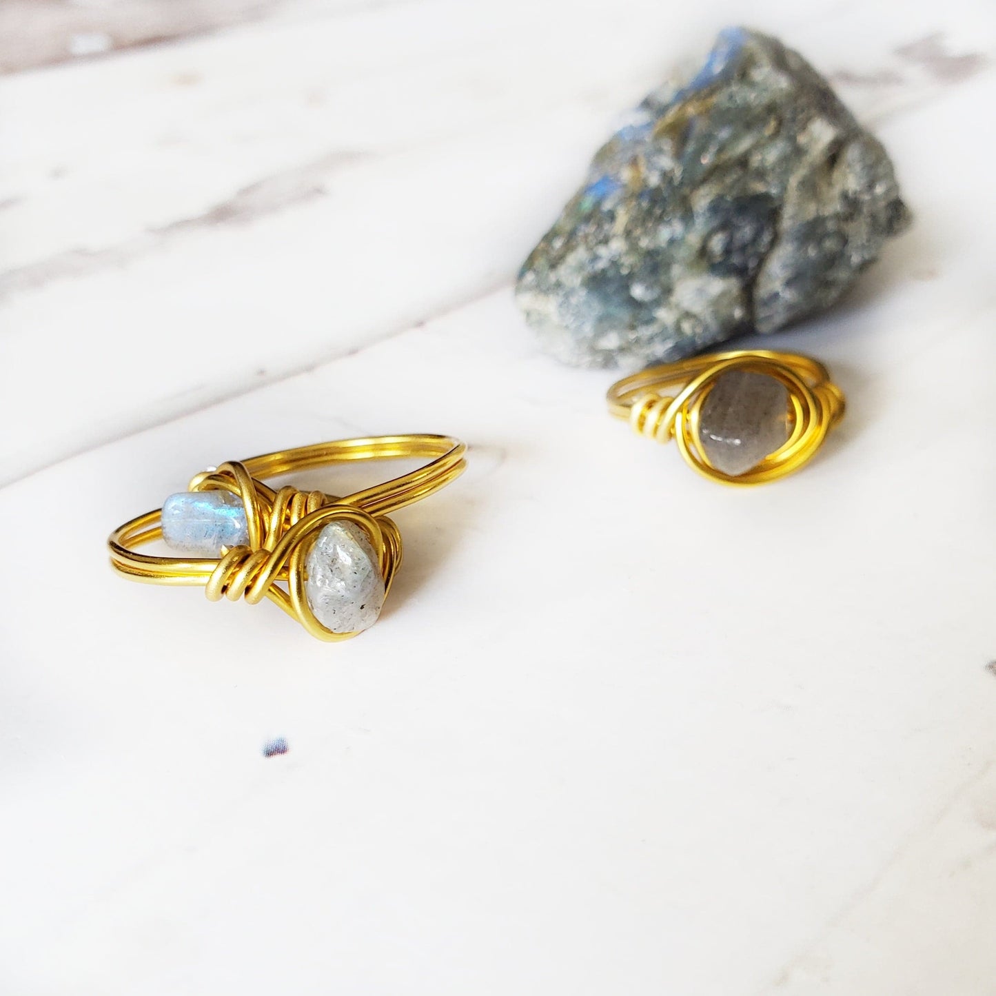 LABRADORITE | Minimalist 18K Gold Plated Wire Wrapped Ring | Crystal for Creativity, Synchronicity, and Magic | Rainbow Gemstone Ring