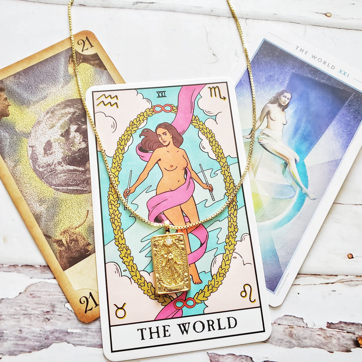 THE WORLD 14k Gold Tarot Card Necklace